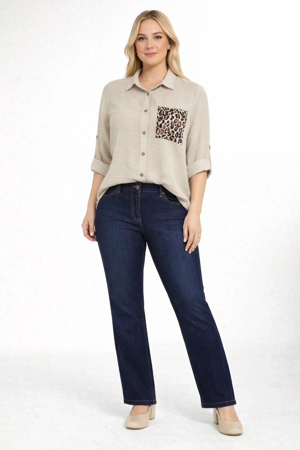 1675-BEJ KOLU APOLETLİ LEOPAR CEP DETAYLI KETEN GÖMLEK