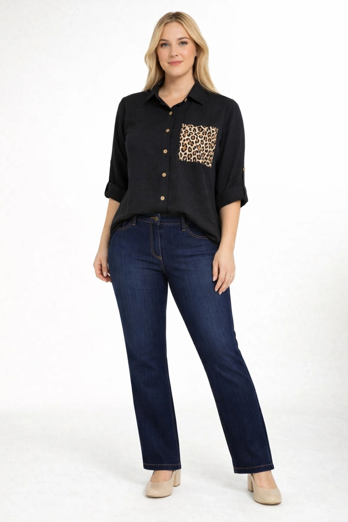 1675-SİYAH KOLU APOLETLİ LEOPAR CEP DETAYLI KETEN GÖMLEK