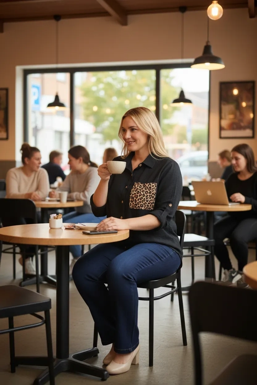 1675-SİYAH KOLU APOLETLİ LEOPAR CEP DETAYLI KETEN GÖMLEK