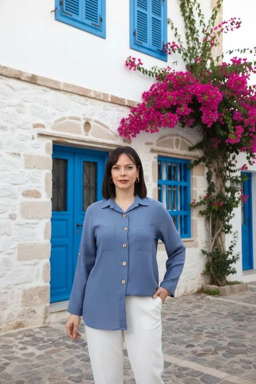 İB-077 İNDİGO PAMUK KETEN KOLU APOLETLİ İKİ CEPLİ KADIN BÜYÜK BEDEN GÖMLEK