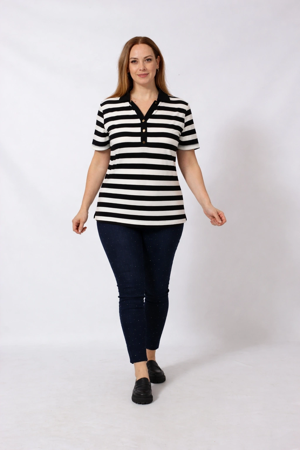 SİYAH-EKRU ÇİZGİLİ YAKASI DÜĞMELİ VİSKON KISA KOLLU ŞIK BLUZ