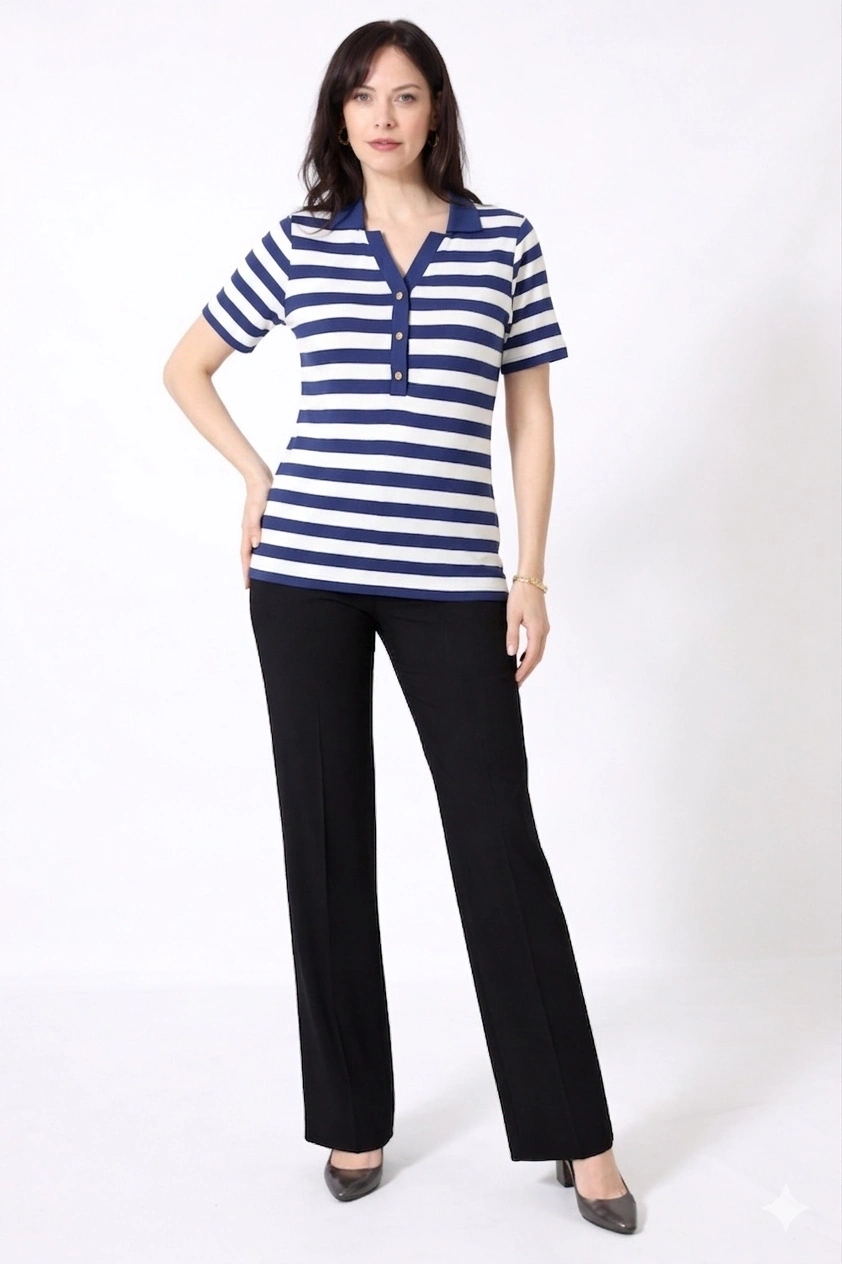 LACİVERT-EKRU ÇİZGİLİ YAKASI DÜĞMELİ VİSKON KISA KOLLU ŞIK BLUZ