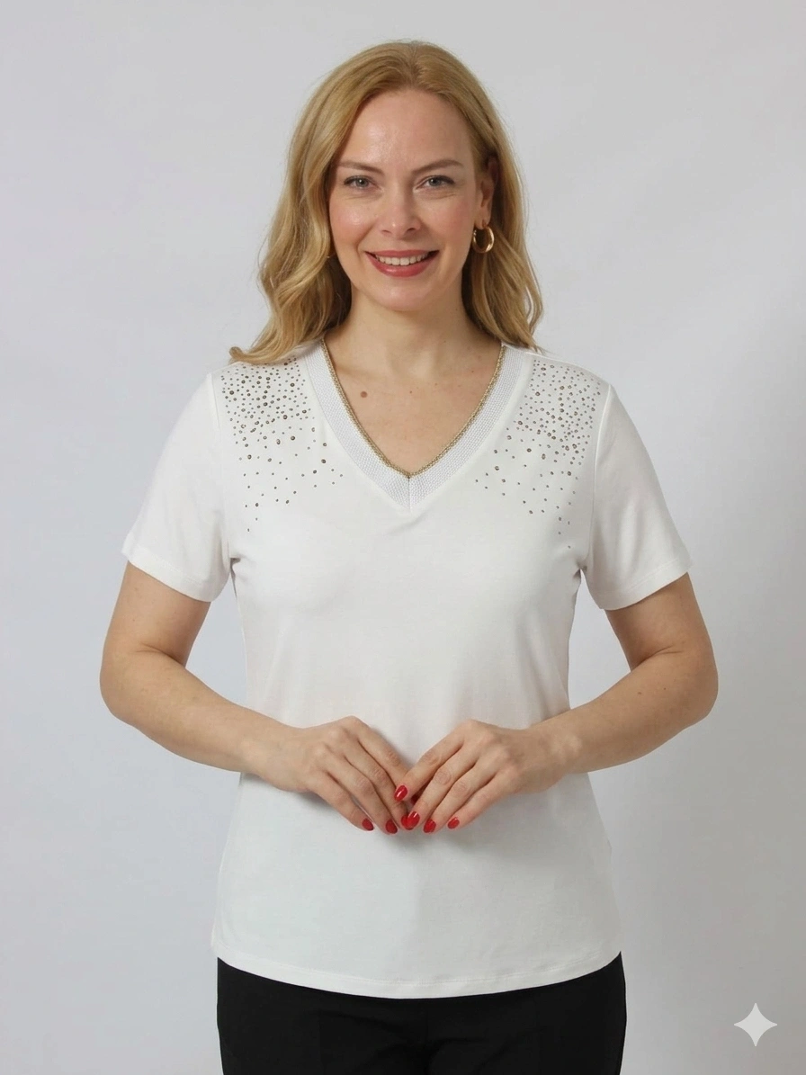 OMUZU TAŞ BASKILI YAKASI SİMLİ V YAKA VİSKON EKRU ŞIK BLUZ