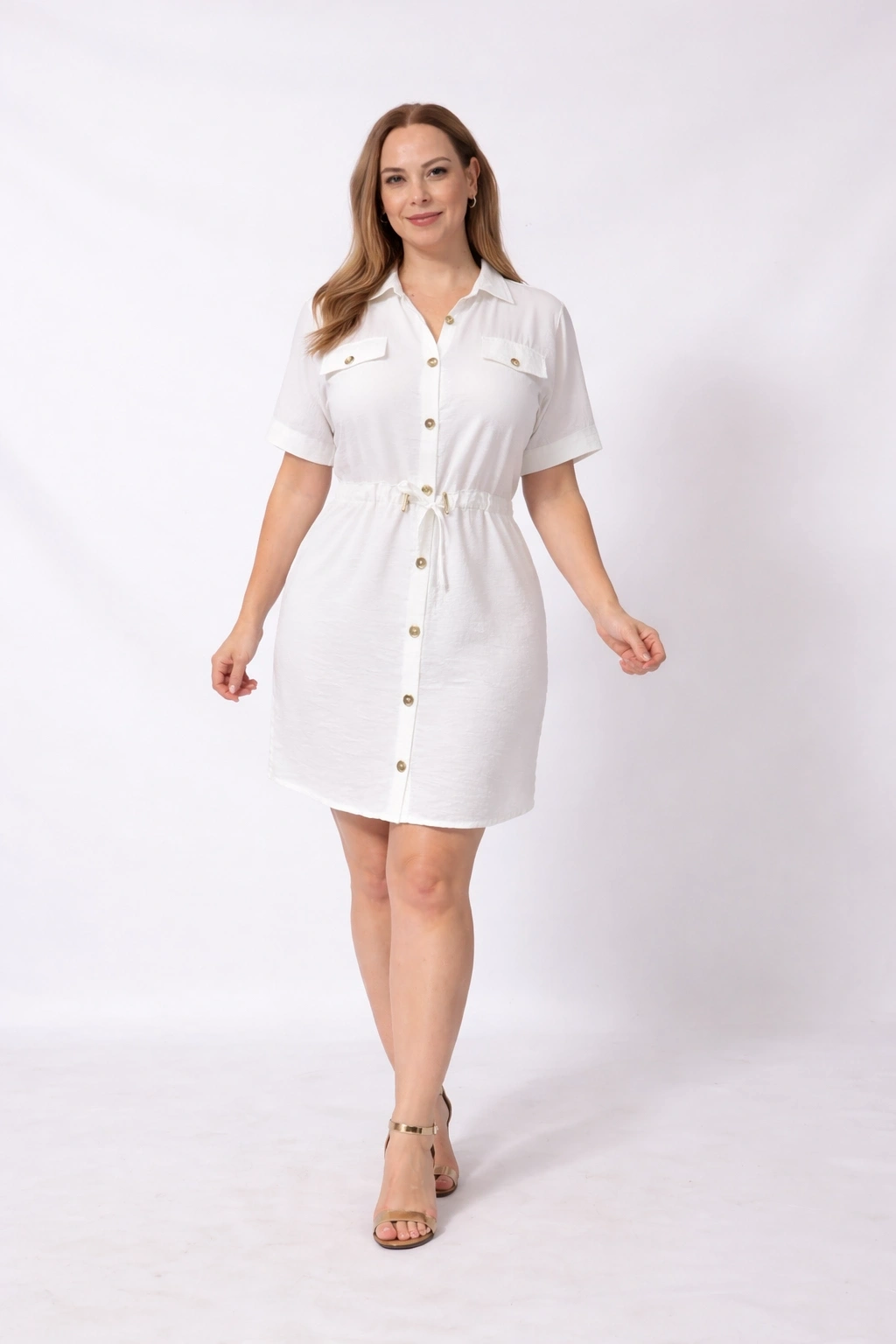 GÖMLEK YAKA ÖNDEN DÜĞMELİ BELİ BAĞCIKLI KISA KOLLU KLASİK CEP GÖRÜNÜMLÜ VİSKON BEYAZ ELBİSE