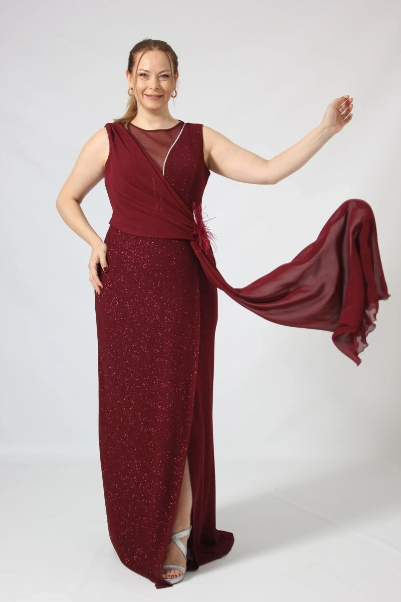 2411 Bel Aksesuar detaylı Şifon Fukuro Kombin Abiye Elbise Bordo