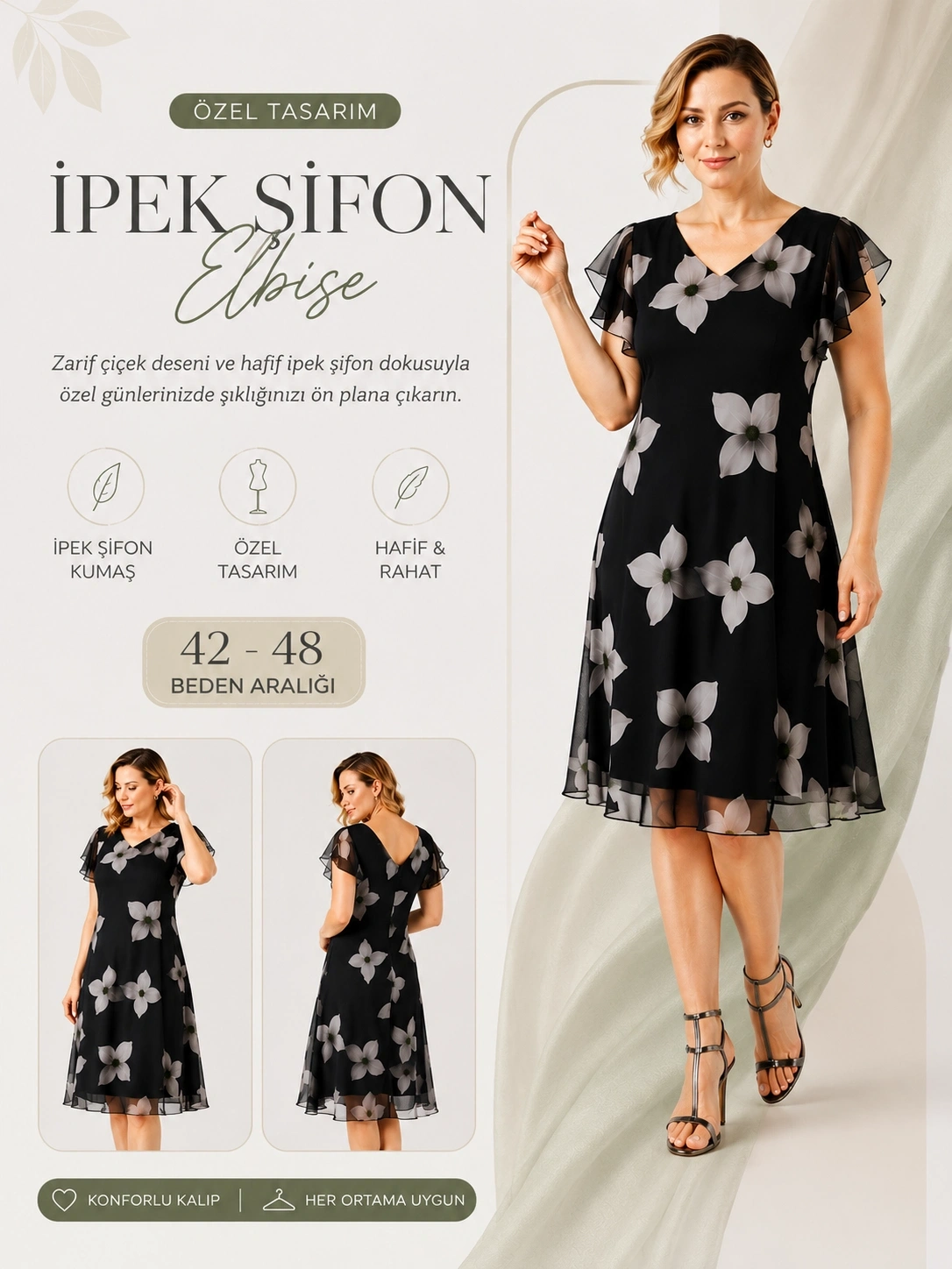 984 İPEK ŞİFON ÇİÇEK DESENLİ ŞIK KLOŞ SİYAH ELBİSE