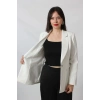1906 Beyaz Çizgili Fermuarlı Cep Aksesuarlı  Kadın Büyük Beden Blazer Ceket