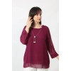 1934 Kolyeli Şifon Büyük Beden Şık Bluz Bordo