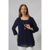 1934 Kolyeli Şifon Büyük Beden Şık Bluz Lacivert
