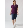 21305 KISA KOLLU BÜYÜK BEDEN LAKOST KUMAS T-SHİRT MOR