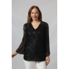 3251SİYAH PULPAYET ORGANZE KOLLU DANTEL KOMBİN BÜYÜK BEDEN ŞIK BLUZ