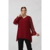 1939 Bordo Kolu Pullu Şifon Büyük Beden Şık Bluz