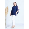 4050 Lacivert Taşlı Pelerinli Şifon Büyük Beden Şık Bluz
