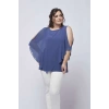 4050 Indigo Taşlı Pelerinli Şifon Büyük Beden Şık Bluz