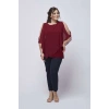 4050 Bordo Taşlı Pelerinli Şifon Büyük Beden Şık Bluz