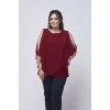 4050 Bordo Taşlı Pelerinli Şifon Büyük Beden Şık Bluz