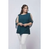 4050 Petrol Taşlı Pelerinli Şifon Büyük Beden Şık Bluz