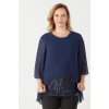 4047 Lacivert Şifon-payet Dantel Kombinli Büyük Beden Bluz