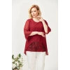 4047 Bordo Şifon -payet Dantel Kombinli Büyük Beden Bluz