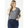 3203 Saten V Yaka Kısa Kollu Büyük Beden Şık Bluz Gri