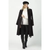 932 Siyah Kadın Şal Yaka Kuşaklı Toka Detaylı Büyük Beden Kaşe Kaban