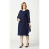 21958 Lacivert Pelerinli Tüylü Işlemeli Büyük Beden Şifon Kısa Abiye Elbise
