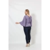 3183 Lila Beli Lastikli Bol Kol Bluz