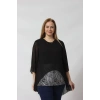 4048 Şifon -Simli Dantel Kombinli Büyük Beden Bluz Siyah