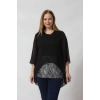 4048 Şifon -Simli Dantel Kombinli Büyük Beden Bluz Siyah