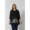 4048 Şifon -Simli Dantel Kombinli Büyük Beden Bluz Siyah