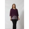 4048 Şifon -Simli Dantel Kombinli Büyük Beden Bluz Mürdüm