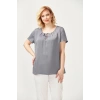 3202 Damla Yaka Saten Kısa Kollu Büyük Beden Şık Bluz Gri