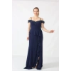 2401 Lacivert Göğsü Aplik İşlemeli Eteği Volanlı Uzun Abiye