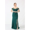 2401 Yeşil Göğsü Aplik İşlemeli Eteği Volanlı Uzun Abiye