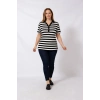 SİYAH-EKRU ÇİZGİLİ YAKASI DÜĞMELİ VİSKON KISA KOLLU ŞIK BLUZ