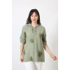 B-0158 KOLU APOLETLİ GOLD SİMLİ İŞLEMELİ DESENLİ KETEN KADIN BÜYÜK BEDEN MİNT YEŞİLİ GÖMLEK