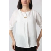 B-0273 KOLU APOLETLİ YAKASI DÜĞME AKSESUARLI GİZLİ PİLELİ KETEN KADIN BÜYÜK BEDEN BEYAZ BLUZ 
