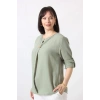 B-073 KOLU APOLETLİ YAKASI DÜĞME AKSESUARLI GİZLİ PİLELİ KETEN KADIN BÜYÜK BEDEN MİNT YEŞİLİ BLUZ