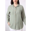 MYB-077 HAKİ YEŞİLİ PAMUK KETEN KOLU APOLETLİ İKİ CEPLİ KADIN BÜYÜK BEDEN GÖMLEK
