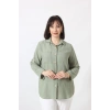 MYB-077 HAKİ YEŞİLİ PAMUK KETEN KOLU APOLETLİ İKİ CEPLİ KADIN BÜYÜK BEDEN GÖMLEK