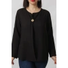 SB-073 KOLU APOLETLİ YAKASI DÜĞME AKSESUARLI GİZLİ PİLELİ KETEN KADIN BÜYÜK BEDEN SİYAH BLUZ  