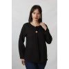 SB-073 KOLU APOLETLİ YAKASI DÜĞME AKSESUARLI GİZLİ PİLELİ KETEN KADIN BÜYÜK BEDEN SİYAH BLUZ  
