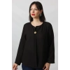 SB-073 KOLU APOLETLİ YAKASI DÜĞME AKSESUARLI GİZLİ PİLELİ KETEN KADIN BÜYÜK BEDEN SİYAH BLUZ  