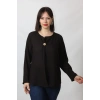 SB-073 KOLU APOLETLİ YAKASI DÜĞME AKSESUARLI GİZLİ PİLELİ KETEN KADIN BÜYÜK BEDEN SİYAH BLUZ  