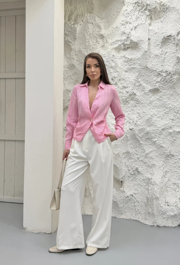 Pembe Gold Düğmeli Pileli Gömlek