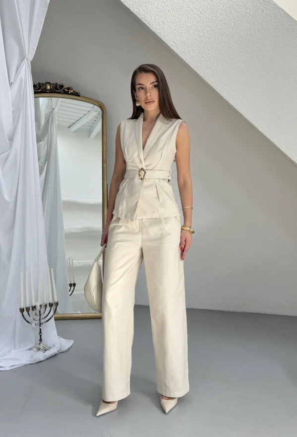 Bej Keten Gold Tokalı Bağlamalı Yelek Takım