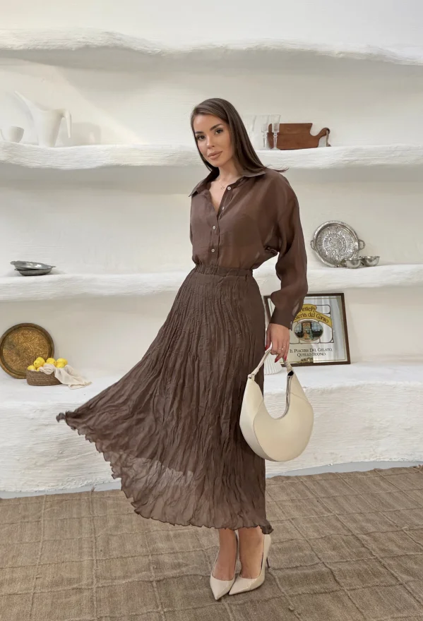 Kahverengi Kraşlı Etek Gömlek Takım