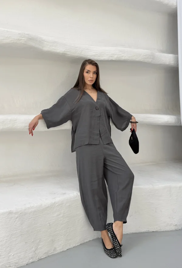 Antrasit Modal Oversize Bluz Pantolon Takım