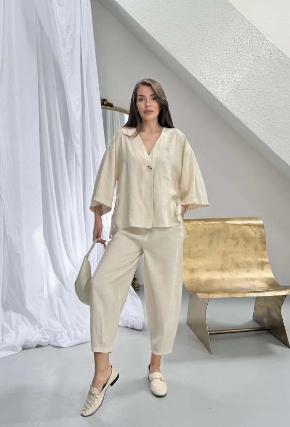 Bej Modal Oversize Bluz Pantolon Takım