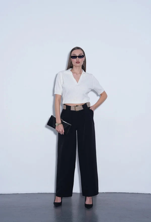 Siyah Köprü Detaylı Kemerli Pantolon